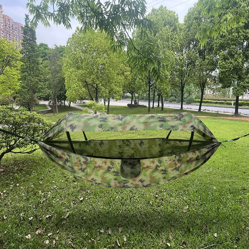 Double Hammock Outdoor Anti-Rollover with Mosquito Net Portable Nylon Camping Swing Bed & Sun Shelter for Backyard/Beach/Travel