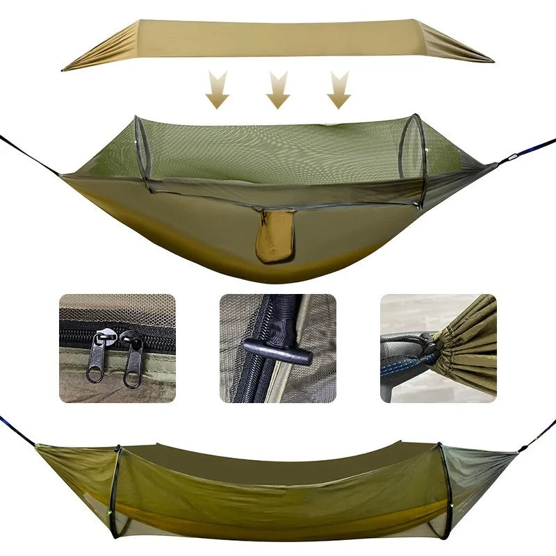 Double Hammock Outdoor Anti-Rollover with Mosquito Net Portable Nylon Camping Swing Bed & Sun Shelter for Backyard/Beach/Travel
