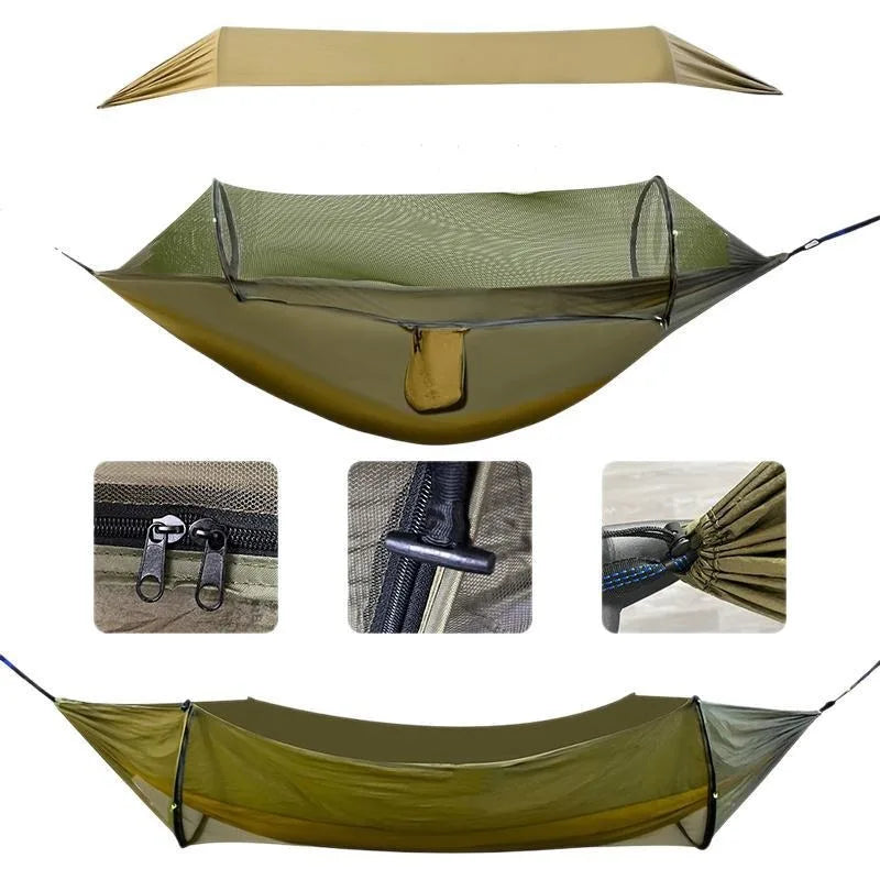 Double Hammock Outdoor Anti-Rollover with Mosquito Net Portable Nylon Camping Swing Bed & Sun Shelter for Backyard/Beach/Travel
